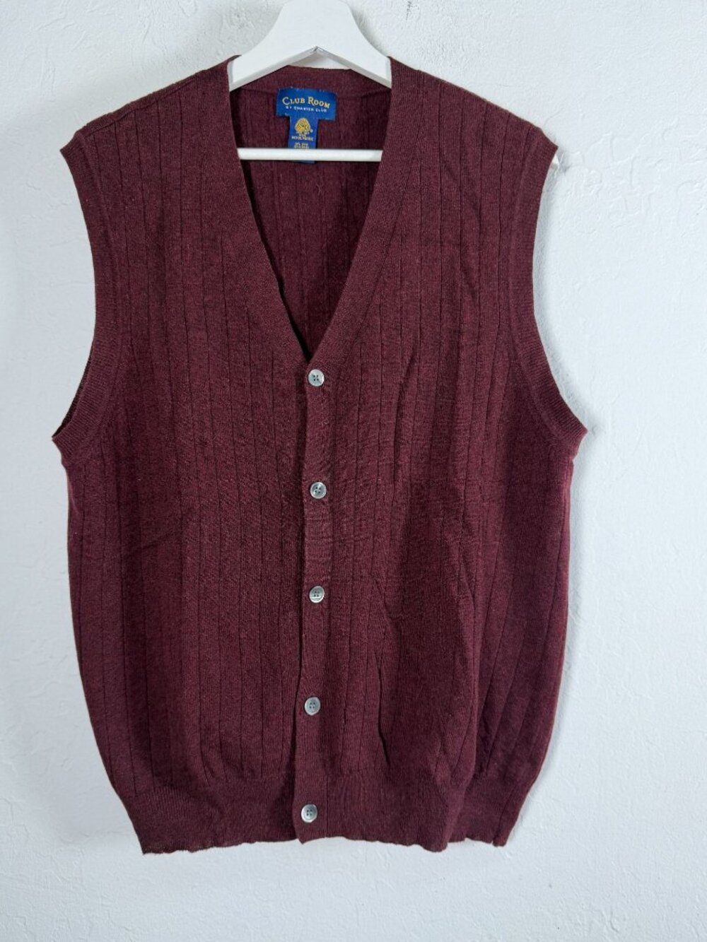 Club Room by Charter Club Mens Sweater Vest Burgundy Ribbed Wool Large Button Up